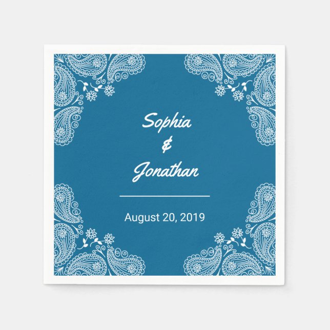 Serviette Jetable Mariage bleu je main tiré Mariage Paisley Napkin (Devant)