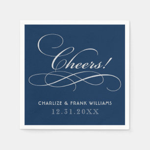 Serviette Jetable Mariage Calligraphie Classique Navy Argent Cheers