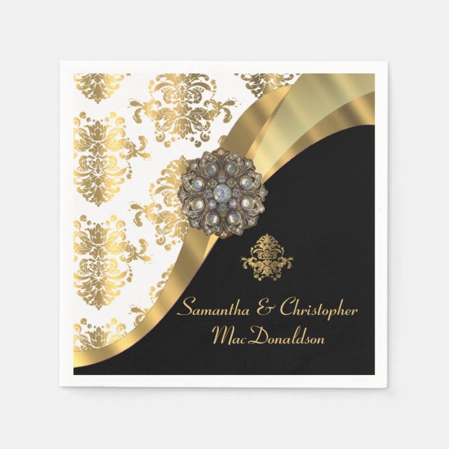 Serviette Jetable Mariage damassé traditionnelle blanche, noire et o (Devant)