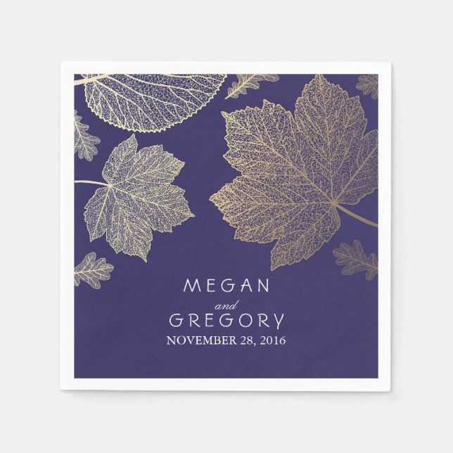 Serviette Jetable Mariage de automne Feuille de marine et d'or (Devant)