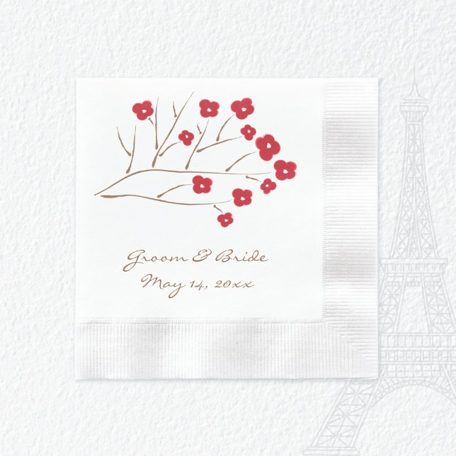 Serviette Jetable Mariage de fleurs de cerisiers rouges de branche d (Créateur téléchargé)
