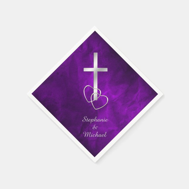 Serviette Jetable Mariage de la Croix chrétienne d'argent violet (Coin)