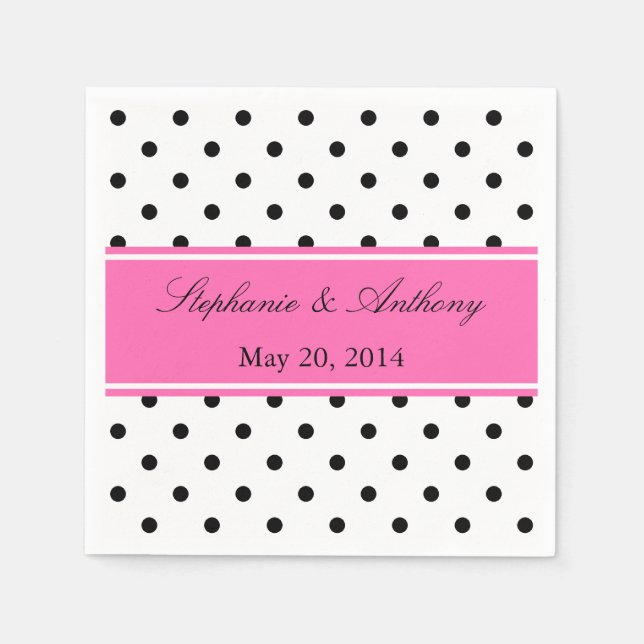 Serviette Jetable Mariage de points Polka noir, blanc et rose (Devant)