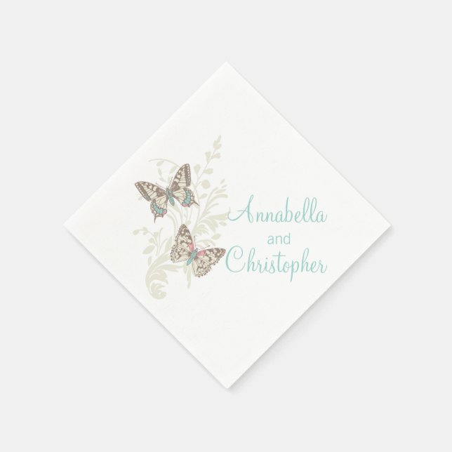 Serviette Jetable Mariage deux papillons art turquoise serviettes bl (Coin)