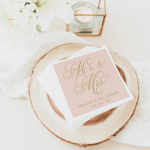 Serviette Jetable Mariage Élégant Rose Pâle et Or M. et Mme