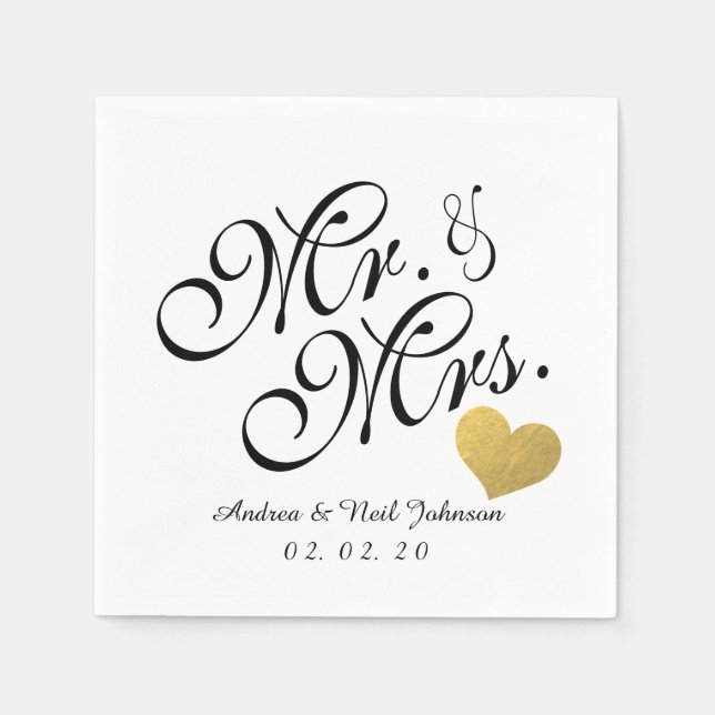 Serviette Jetable Mariage Faux Gold Foil Coeur Élégant M. et Mme. (Devant)