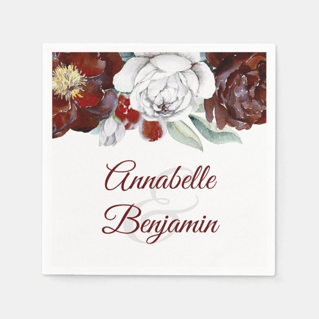 Serviette Jetable Mariage floral bordeaux et blanc (Devant)