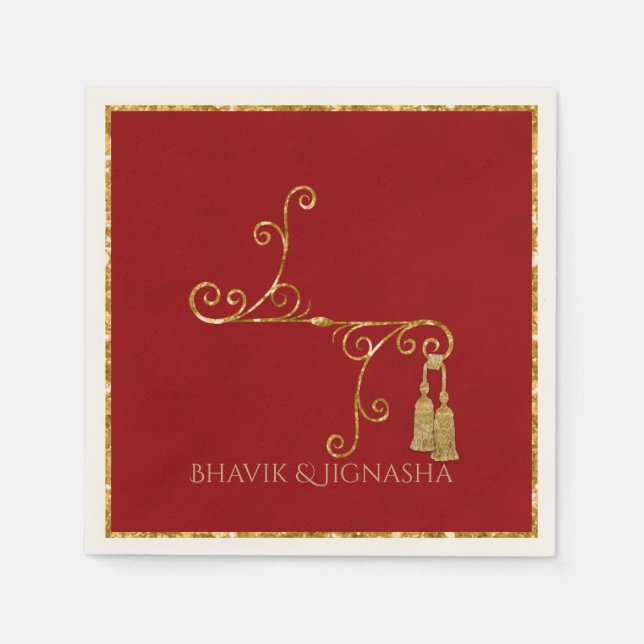 Serviette Jetable Mariage indien Napkin de Red and Gold Tassel (Devant)