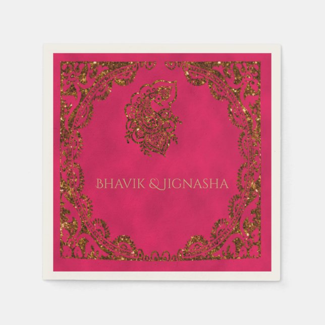 Serviette Jetable Mariage indien Pink and Gold Peacock Napkin (Devant)