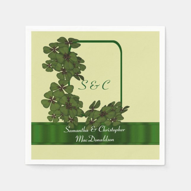 Serviette Jetable Mariage irlandais vert, crème et shamrock (Devant)
