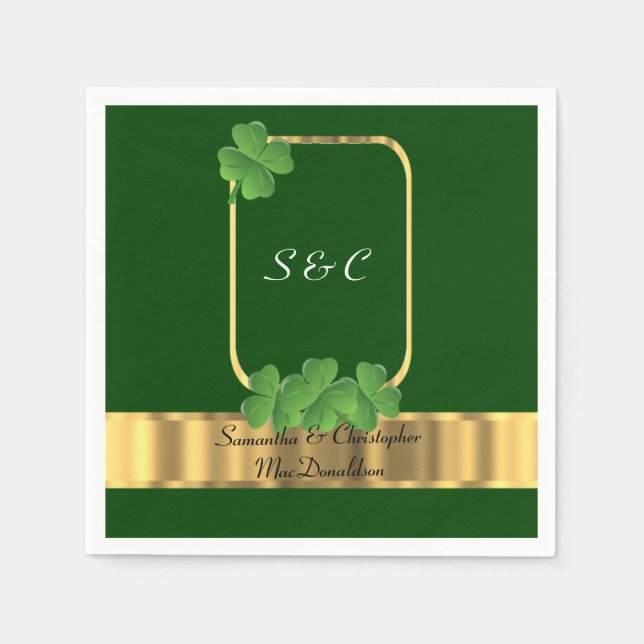 Serviette Jetable Mariage irlandais vert, or et shamrock (Devant)