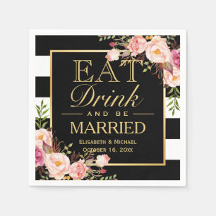 Serviette Jetable Mariage manger boire et être marié Floral Gold Fra