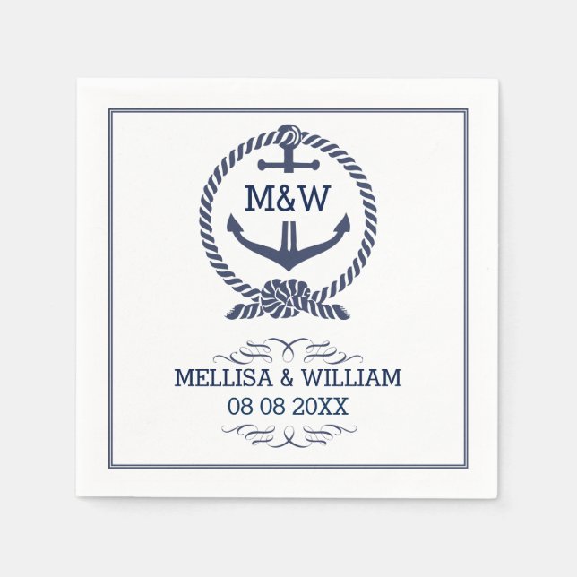 Serviette Jetable Mariage marin bleu et blanc noeud d'Ancre  nautiqu (Devant)