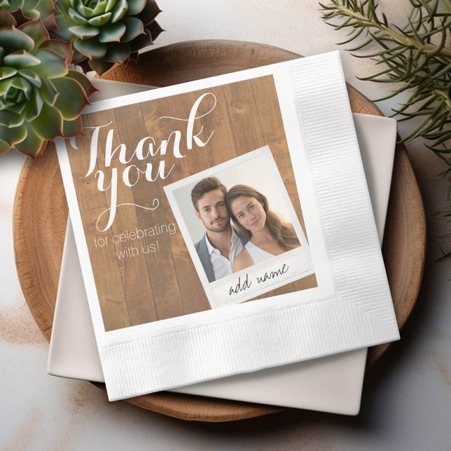 Serviette Jetable Mariage Merci Cadre Photo et Bois Rustique (Custom Thank You Wedding Party Napkin with Photo)