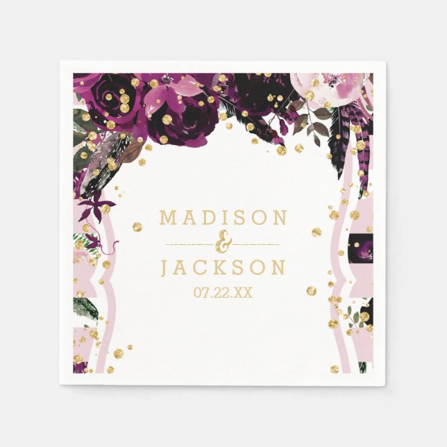 Serviette Jetable Mariage Monogramme Confetti Floral violet foncé (Devant)