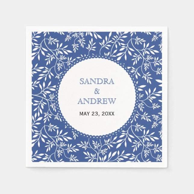 Serviette Jetable Mariage motif feuille bleu indigo moderne (Devant)