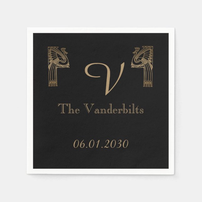 Serviette Jetable Mariage Peacock Art déco d'or noir (Devant)