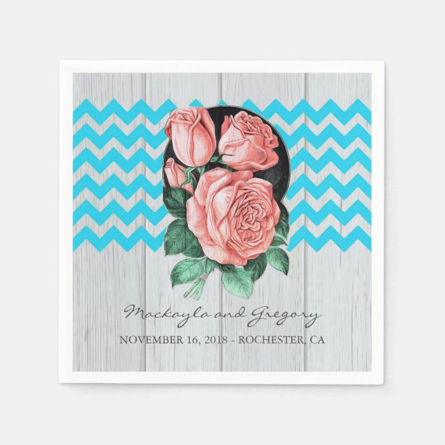 Serviette Jetable Mariage Rustique Chic Turquoise et Corail (Devant)