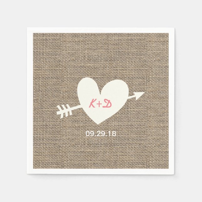 Serviette Jetable Mariage rustique Coeur & Flèche Élégant Burlap (Devant)