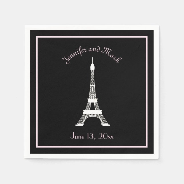Serviette Jetable Mariage Tour Eiffel Chic Noir Rose Blanc Français (Devant)