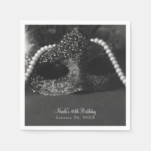 Serviette Jetable Mascarade en noir et blanc Masque et perles Fête