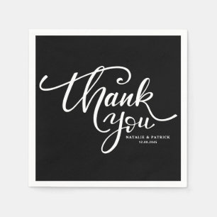 Serviette Jetable Merci Mariage Lettré à main noire et blanche