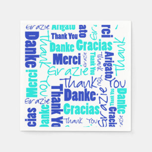 Serviette Jetable Merci multilingue bleu et turquoise