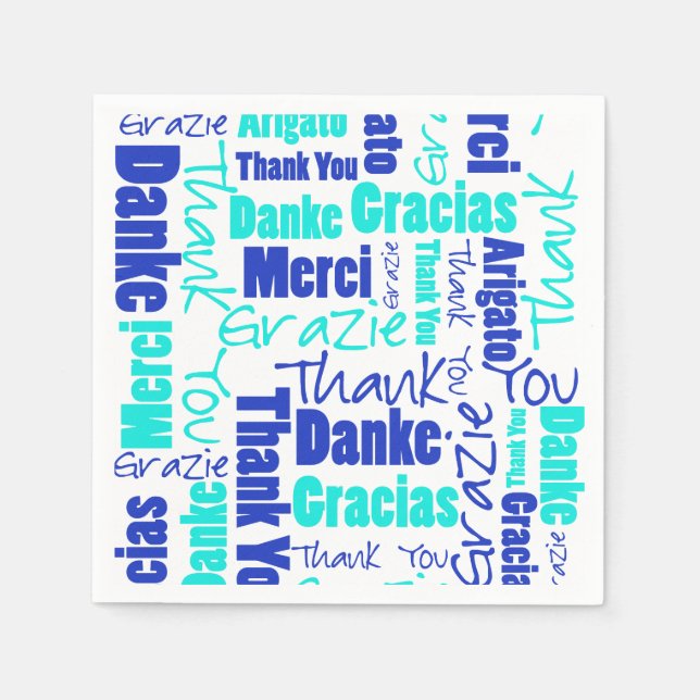 Serviette Jetable Merci multilingue bleu et turquoise (Devant)