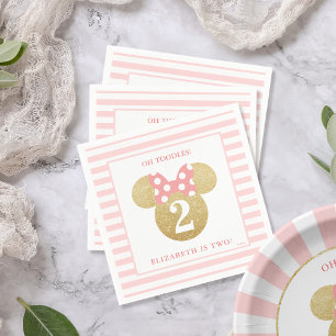 Serviette Jetable Minnie   Or et rose rayé Anniversaire