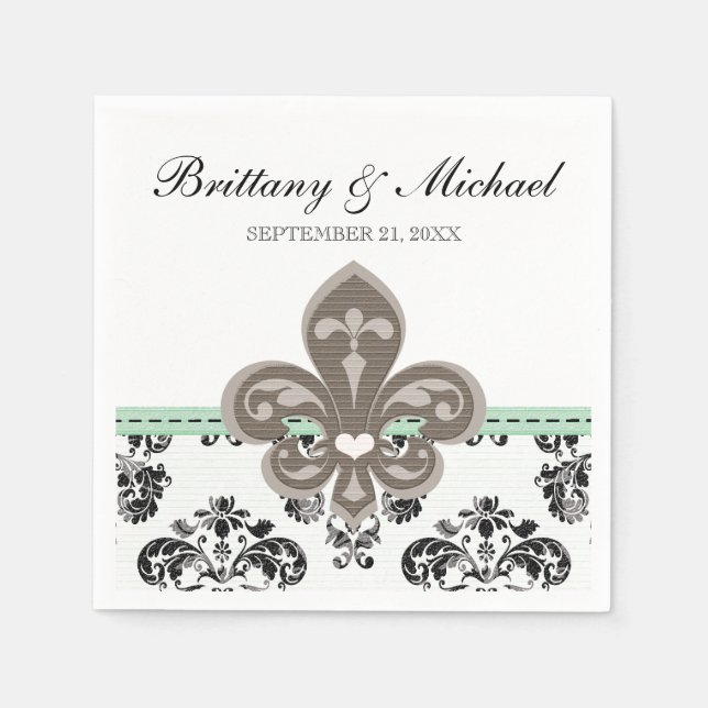 Serviette Jetable Mint Green Fleur de Lis Mariage (Devant)