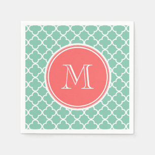 Serviette Jetable Mint Green Quatrefoil Motif, Monogramme de corail