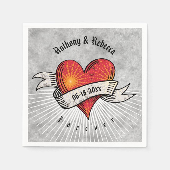 Serviette Jetable Modern Red Heart Ajouter des noms et une date (Devant)