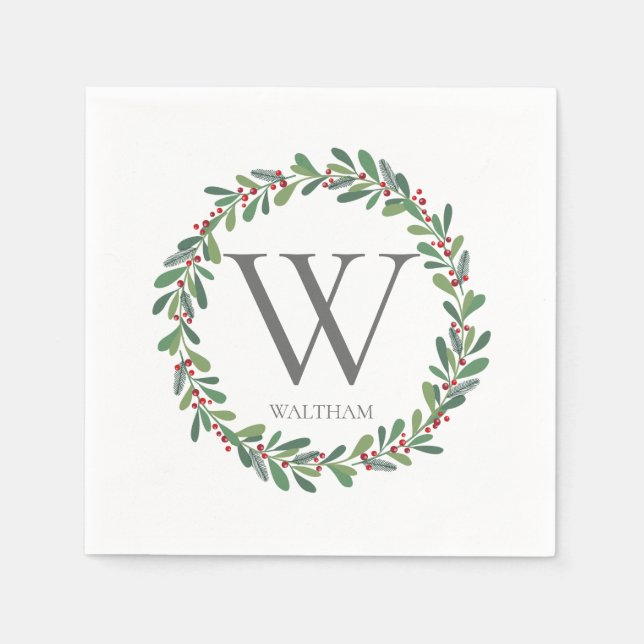 Serviette Jetable Monogram Winter Sprigs Cocktail de Noël Napkin (Devant)