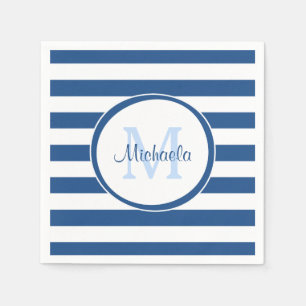 Serviette Jetable Monogramme bleu riche de hanche et rayures