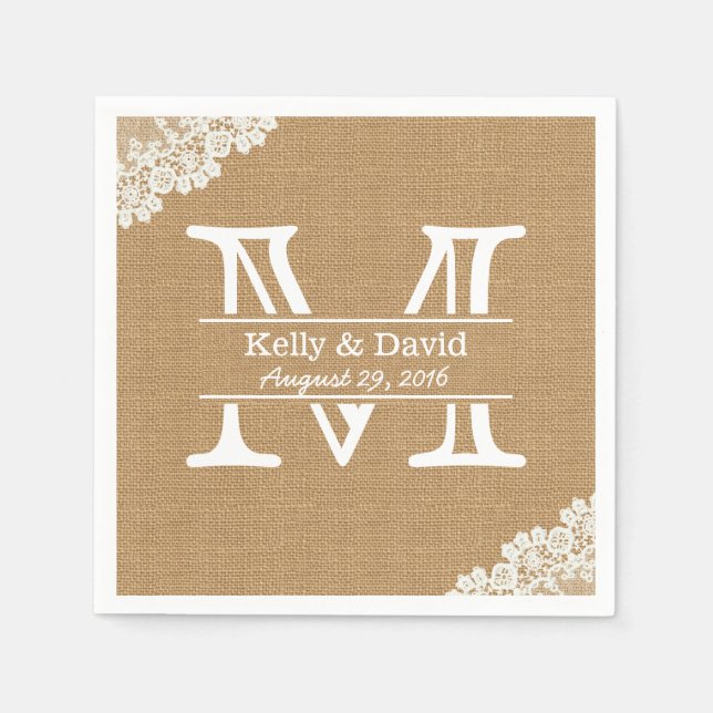 Serviette Jetable Monogramme Burlap & dentelle Mariage rustique (Devant)