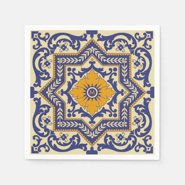 Serviette Jetable Monogramme céramique Azulejo Style Napkins Bleu (Devant)