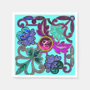 Serviette Jetable MONOGRAMME DE GEM COLORÉ turquoise BLEU PURPLE LAC