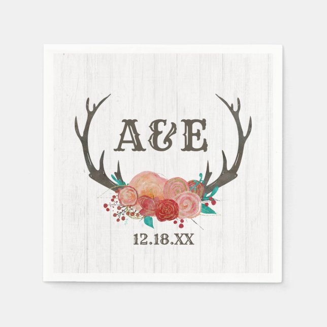 Serviette Jetable Monogramme de Mariage Boho Antler Boho Deer Rustiq (Devant)