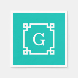Serviette Jetable Monogramme initial principal grec blanc turquoise