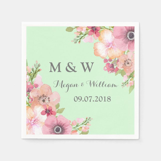 Serviette Jetable Monogramme Mariage de fleurs rose rustique vert me (Devant)
