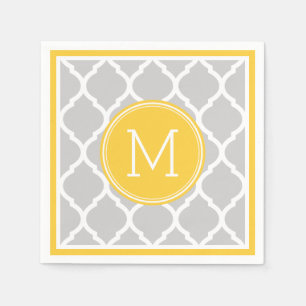Serviette Jetable Monogramme Mariage gris et jaune de Quatrefoil