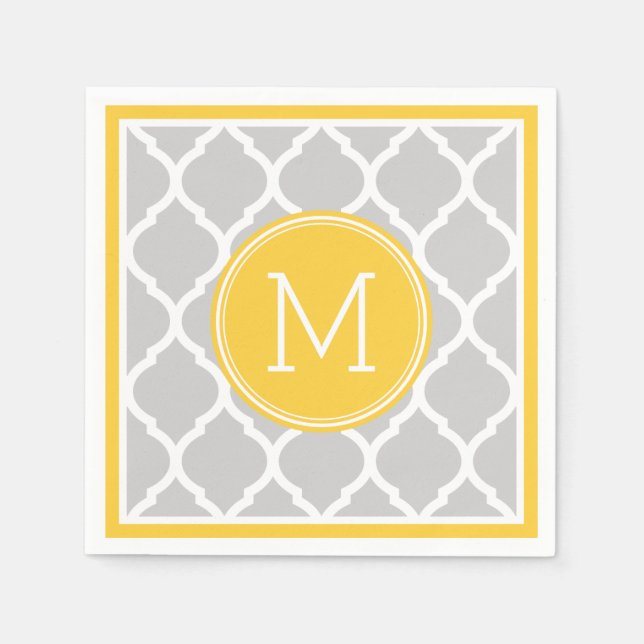 Serviette Jetable Monogramme Mariage gris et jaune de Quatrefoil (Devant)