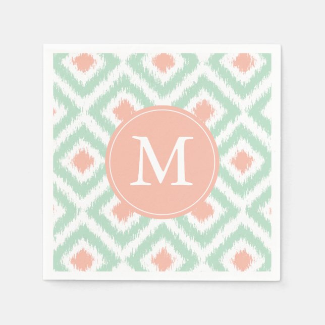 Serviette Jetable Monogramme Monnaie et corail Motif Ikat (Devant)