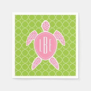 Serviette Jetable Monogramme Pink Sea Turtle Green Quatrefoil