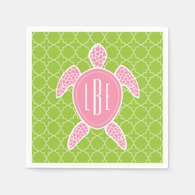 Serviette Jetable Monogramme Pink Sea Turtle Green Quatrefoil (Devant)