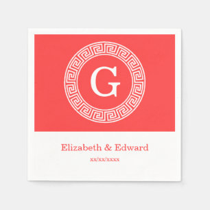 Serviette Jetable Monogramme principal grec blanc rouge de corail