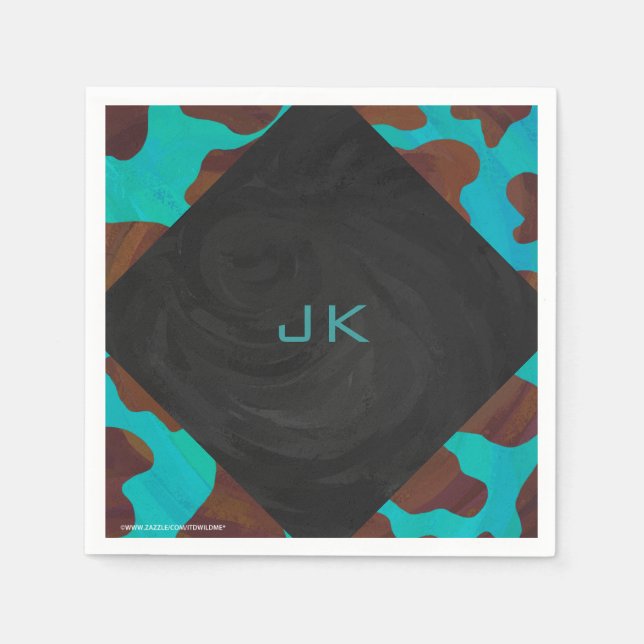 Serviette Jetable Monogramme Vache Impression Brown et Turquoise (Devant)