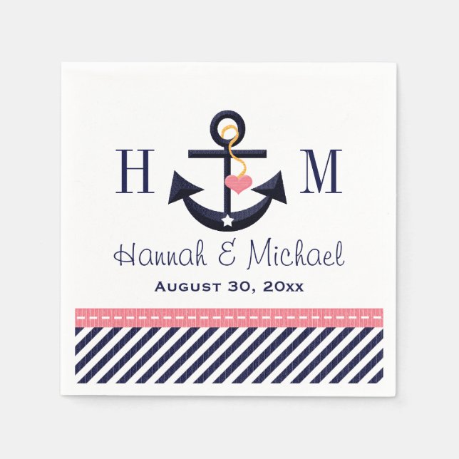 Serviette Jetable Monogrammed Pink et Ancre marine Mariage nautique (Devant)