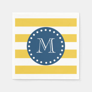 Serviette Jetable Motif blanc jaune, Monogramme bleu marine