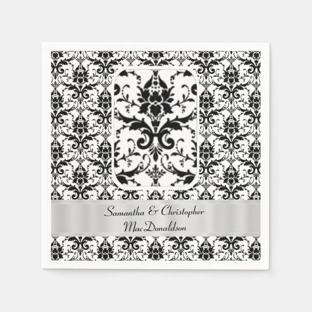 Serviette Jetable Motif damassé mariage noir et blanc (Devant)